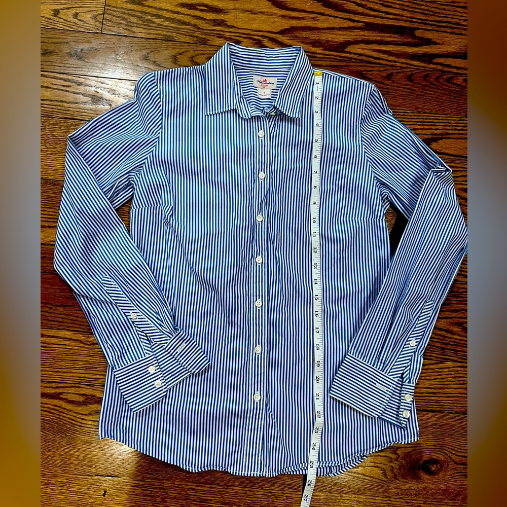 J.Crew blue and white pinstripe button down blouse and trendy dress shirt